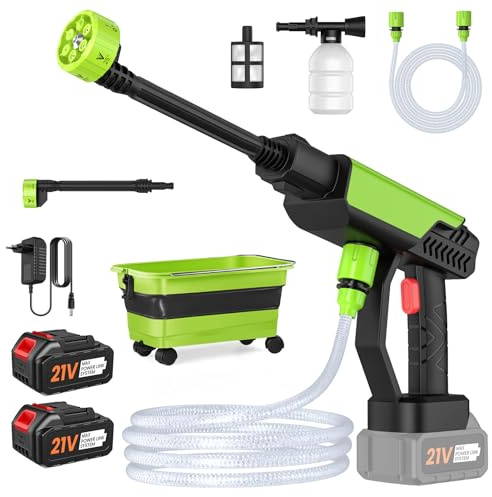 Akku Hochdruckreiniger mit Faltbarer Wassertank, 21V Kabellose Hochdruckpistole mit 2 Akku 15000mAh, 6-in-1 Düse, Max 30 Bar Hochdruckreiniger für Auto (Grün)