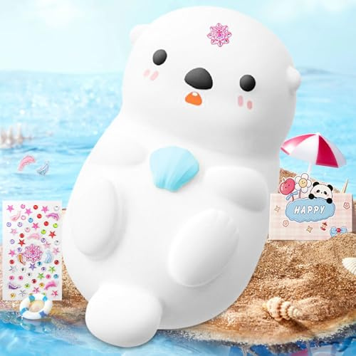 IGUGI Luce Notturna Bambini,Silicone Lampada Notturna con USB Ricaricabile,Carina Luci a Led a Forma Di Lontra Marina,con Biglietto di Ringraziamento E Adesivi con Cristalli Glitterat