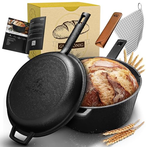 GUSSKÖNIG Gusseisen Topf Brot Backen – eingebrannte Brotbackform mit Deckel: 3L Topf & 1,5L Pfanne - Brotbacktopf Set mit Rezeptbuch, Brotform, Gusseisentopf Brotbacken & Zubehör - 30 Jahre Garantie