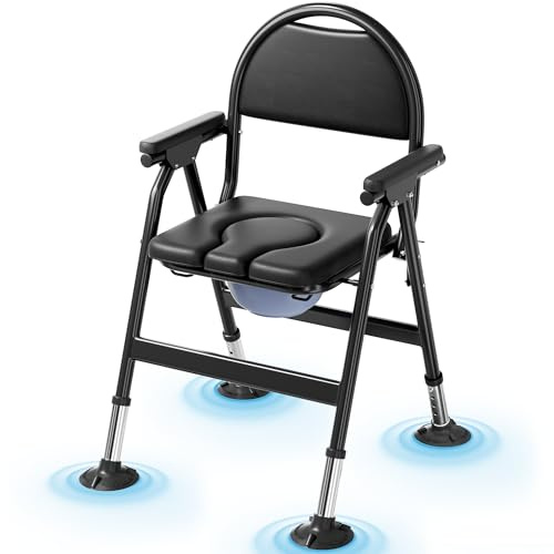 Commode Chair, Bedside Commode for Elderly, Heavy Duty Bariatric Toilet Chair (880 lbs), Folding Shower Commode Chair with Arms, Adjustable Height Portable Padded Seat