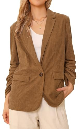 Allegra K Blazers en Velours Côtelé Femmes Élégants et Décontractés Veste à Manches Longues avec Un Bouton à Col Revers pour Travail et Bureau Marron L