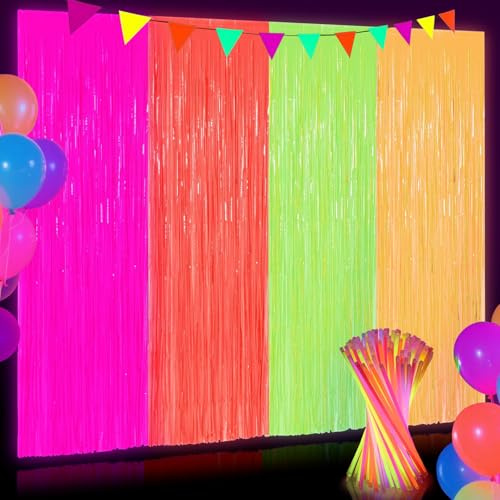 Neon Party Deko Schwarzlicht Party Deko 4 Stück 200cm Lametta Vorhang Neon 80er 90er Party Dekos für Neon Party Dekorationen Fasching De-ko Silvester Dekoration