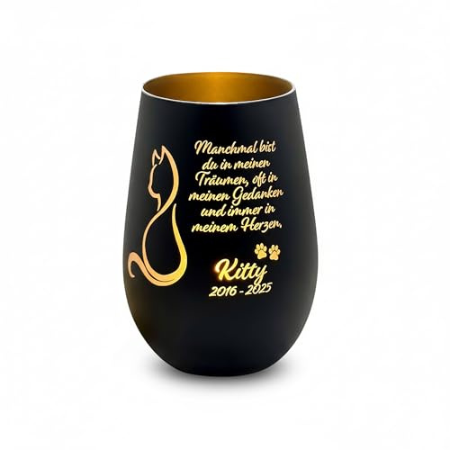 Trauerlicht Katze personalisiert – Andenken mit Name & Datum – Edles Windlicht mit Motiv & Spruch als Gedenklicht für Katzen – Geschenk zum Abschied (Schwarz-Gold)