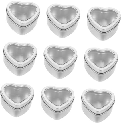 HEALSOPTHY 10Pcs Heart Shaped Metal Tin Candle Containers with Transparent Window Lid Silver Tinplate Candy Storage Boxes for DIY Crafts Gifts and Small Item Organization