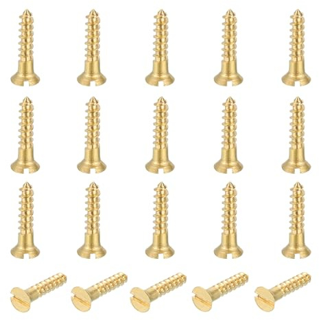 sourcing map 20 Pcs Brass Screws, M2.5 x 12mm Solid Slotted Drive Flat Head Self-Tapping Wood Screw Fasteners for Woodworking Furniture Repair Photo Frame Drywall Home Appliances, Gold