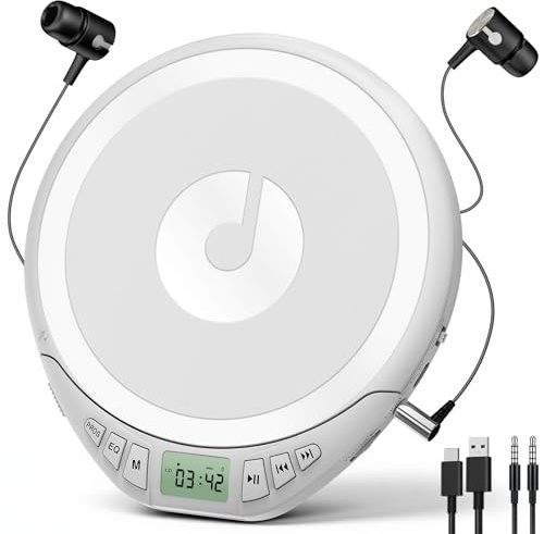 Lettore CD portatile con cuffie KOVCDVI lettore CD portatile per auto con anti-skip e antiurto, CD Discman con display LCD, cavo AUX e auricolare per sport, casa all'aperto, bianco