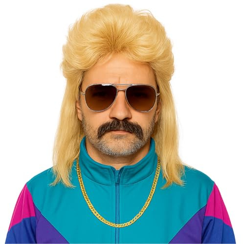 Vokuhila Assi Perücke – Retro Accessoire für Herren, 80er & 90er Kostüm, Neon Outfit, Fasching & Karneval (Blonde)