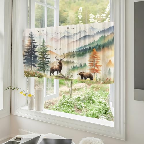 Treer Scheibengardine Küchengardinen Bistrogardine, 1 Stück Tierdrucke Gardinen, Kurz Vorhänge Modern Verdunklungsvorhänge, Transparent Vorhang Waschbar Curtains (Bär und Elch,137 * 45cm)