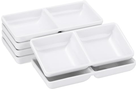 QUARKZMAN 6 stycken MF rektangulära dip-skålar små vita sidorätter med 2-delad kryddplatta soja för kryddor desserter hem BBQ party picknick restaurang