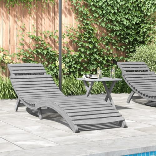 Frdhee Camping Liege Schlafsessel,Sonnenliege Grau 184x55x64 cm Massivholz Akazie,Sonnenbank für Balkon,Strand,Terrasse und Camping