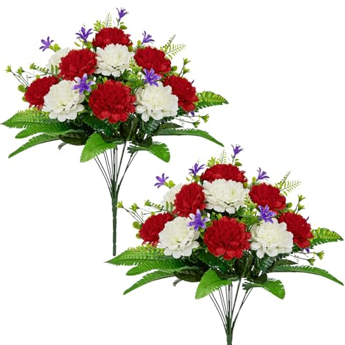 Arborus Fiori artificiali per cimitero per tombe Bouquet di fiori finti con picco per tombe, fiori in seta commemorativi per tombe, fiori artificiali rossi e bianchi primaverili per la decorazione del