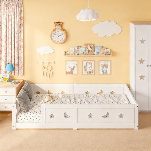 Cama infantil de suelo de 120 x 200 cm, cama infantil con protección anticaída y somier de láminas, cama para niños y niñas, marco de cama de madera maciza, sin colchón (blanco-A, 120 x 200 cm)