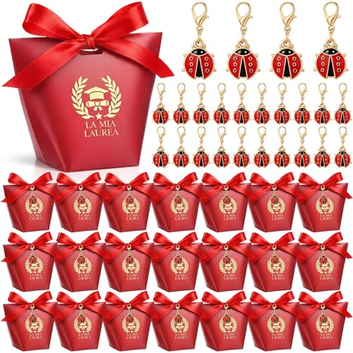 BBTO 30 Set Scatoline Portaconfetti Laurea Include 30 Scatoline Portaconfetti 30 Portachiavi Coccinella 1 Rotolo di Nastro Rosso Bomboniere Decorazione Fai da te Festa Laurea Regalo