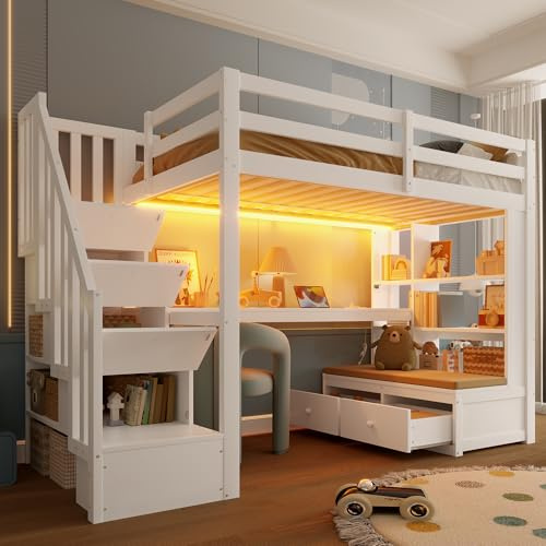 Etagenbett 90x200 mit LED & Ladestation, Kinderbett Hochbett mit Treppe & Aufbewahrungsschrank & Schreibtisch & Schubladen, Weiß Kieferholz Funktionsbett Einzelbett Stockbett Spielbett Jugendhochbett