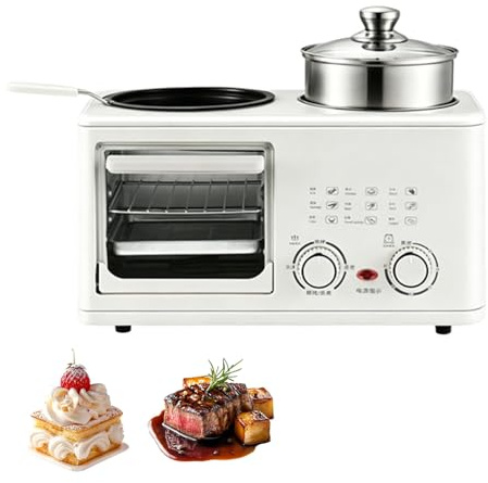 Stazione per la Colazione 1200 W, Macchina Multifunzione 4 In 1 da 10 Litri con Padella, Cottura Al Forno, Cottura a Vapore, 3 Impostazioni Regolabili, Timer da 60 Minuti, Macchina per la Colazione