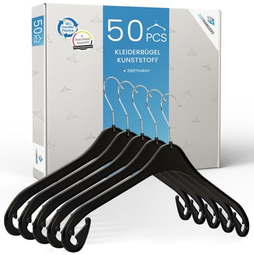 RSR-Hangers® Kleiderbügel NA 38 cm - 50 Stück - Kunststoff - 360° drehbarer Haken - platzsparend - Hemdenbügel - Blusenbügel - Mäntel - Schwarz - Schneller Versand - Made in Germany