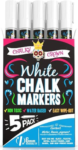 Chalky Crown - Chalk Pens - Liquid Chalk Markers - Dry Erase Chalk Pen for Chalkboards, Signs, Windows, Blackboard & More - 5 Pack, White, 6 mm
