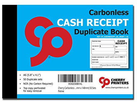 Cherry Carbonless Cash Receipt Book, 2-Part, with Loose-Leaf Writing Shield, A6 (4.1 x 5.8 Inches) 50 Sets, Unnumbered