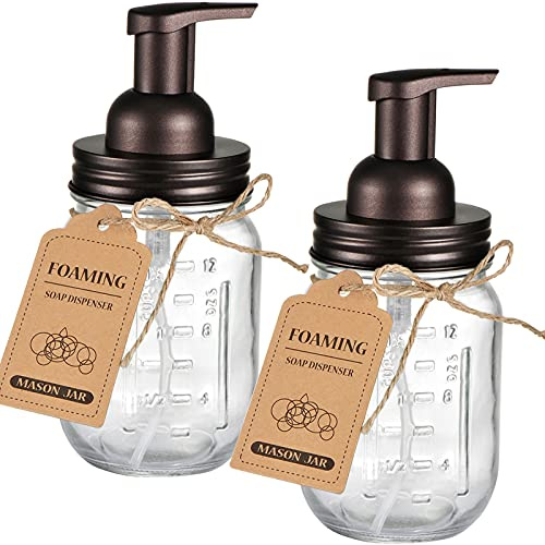 SheeChung Mason Jar Foaming Soap Dispenser-Rustproof Stainless Steel Lid & Foaming Soap Pump, Refill Foam Hand Soap Dispenser Glass for Bathroom Kitchen Vanities, Countertops-Bronze (2 pk)