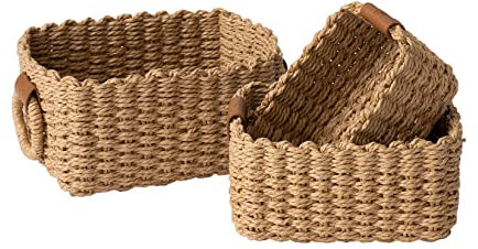 La Jolíe Muse Woven Wicker Storage Baskets, Paper Rope Storage Boxes Bin Organizer Divider for Cupboards Drawer Closet Shelf Dresser, Set of 3 (Desert)