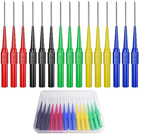 Cleqee Automobilindustrie Back Probe Pins, Fünf Farben, 15 Stück | Durchsteck-Messspitzen für Multimeter, 4mm Buchse, 0,7mm Puncture Probe Nadel, 30V/10A, Für kleine IC Pins Elektronikprüfung