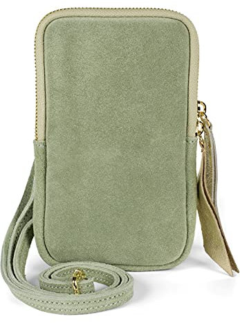 styleBREAKER Damen Leder Handy Umhängetasche aus weichem Veloursleder, Reißverschluss, Echtleder Mini Bag 02012373, Farbe:Lindgrün