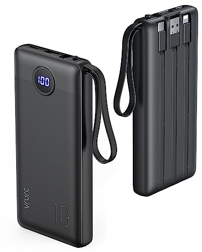 VRURC Batterie Externe 10000mAh Câble intégré Power Bank USB C 2.4A et 5 Sorties Ultra Mince Batterie Portable avec l’Ecran LED pour iPhone Huawei Samsung (Noir)