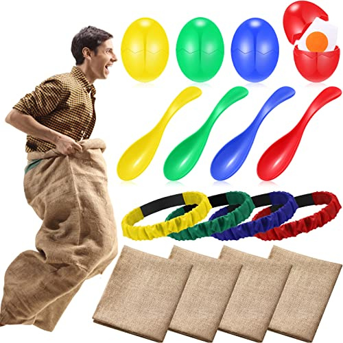 12 Pieces Potato Sack Race Bags Outdoor Lawn Game with Egg and Spoon Running Game, 3 Legged Relay Race Band Carnival Plays Outside Backyard Field Day Birthday Party Plays for Adults, Family, Company