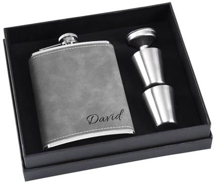 Petaca de Alcohol para Hombre Grabada con Nombre, 8 oz - Set de Acero Inoxidable 304. Regalo Ideal para Testigos de Boda (Gris)