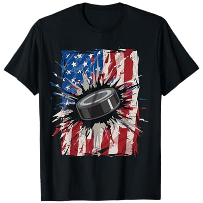 Patriotic Ice Hockey 4th of July Men USA American Flag Boys T-Shirt, Men, Black, Small