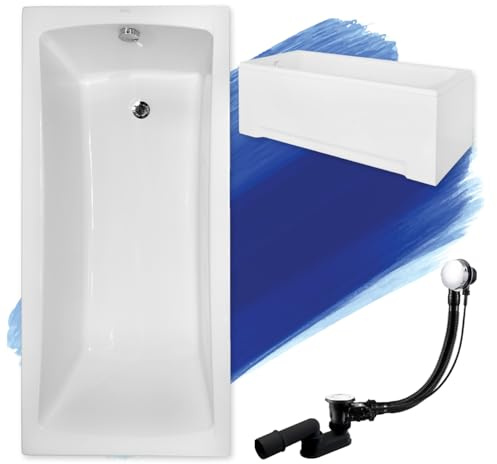 BADLAND Badewanne Original Weiß Acryl Wanne Rechteck OPTIMA PREMIUM 160x70 KOMPLETTSET SET mit Weiß Acrylschürze + Handgriffen + Kopfstütze + Füßen und Chrom Automatik Ablaufgarnitur Made in EU 6in1