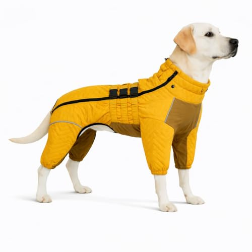 Warmer Hundemantel, doppellagige Hundeweste, Vier Beine bedeckt, Winddicht, wasserdicht, reflektierende warme Hundeweste, Outdoor-Schlittschuhkostüm für kleine, mittlere und große Hunde. Yellow 4XL