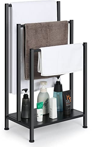 Freistehender Handtuchständer, Badetuchhalter mit 3 stangen, Rustikalem Braunem Holzregal, Industrieller Handtuchhalter, für Wohnzimmer, Badezimmer, Badetücher, Kleidung, Decken (43cm*29cm*82cm)