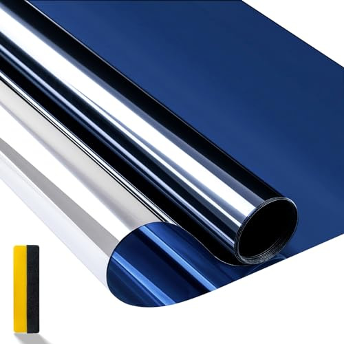 Zindoo Hitzeschutzfolie Fenster Sonnenschutzfolie Fensterfolie 90x200cm | Blau Silber, UV-Schutz, Wärmeschutz, Spiegelfolie mit Sichtschutz tagsüber für Wohnzimmer, Wintergarten und Glastüren
