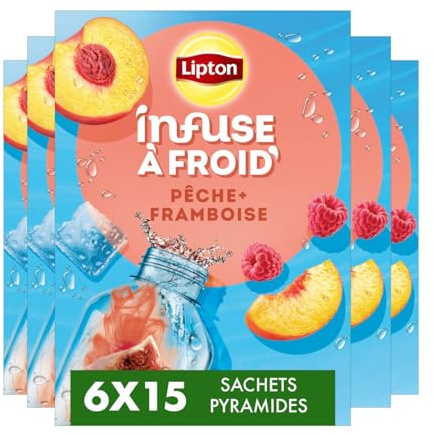 Lipton Té frío, sabor a melocotón y frambuesa, ideal para té helado, refrescante bebida de verano, 6 x 15 bolsas de pirámide