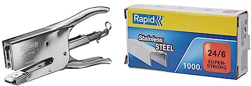 Rapid 10510601 Heftzange K1 (Metall, Heftleistung 50 Blatt, Heftklammerntyp 24) chrom & 24858100 Heftklammern 24/6mm Super Strong, rostfrei, 1000 Stück