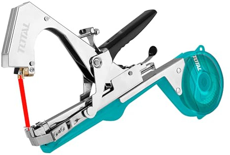 TOTAL - Máquina de Atado para Plantas - Amarre Rápido y Preciso - Apertura de Cinta Ajustable - Incluye 200 Grapas de 7 x 4 x 0,55 mm y Cinta 11mm x 25m - Ergonómica y Resistente