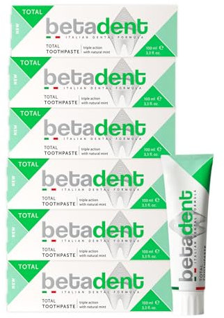 Betadent KIT 6 DENTIFRICIO TOTAL Tripla azione anti placca, tartaro, carie, gengive infiammate. Con Menta Naturale, Alito fesco. 6x100ml