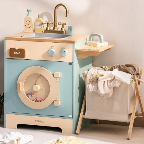 ROBUD Lavatrice per bambini in legno con cesto per la biancheria, asse da stiro, detersivo e altro ancora, adatta per bambini dai 3 anni