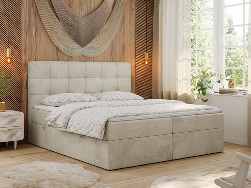 MKS MEBLE Boxspringbett mit Matratze, Bett mit Multipocket - Matratze und Topper T25, Polsterbett mit Bettkasten und Kopfteil, ERNI (200x200 cm, H3 Beige, Velvet)