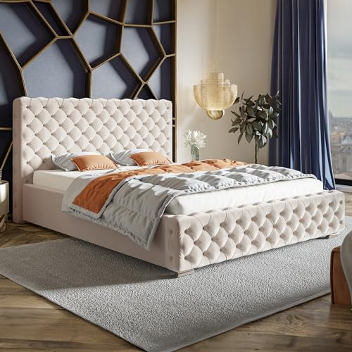 MOTIVENA Adelle Chesterfield Bett 180x200, Polsterbett 180x200 mit Bettkasten, Polsterbett 180x200 mit Stauraum, Polsterbett 180x200 Samt, mit Lattenrost, mit Kopfteil, ohne Matratze, Beige Creme
