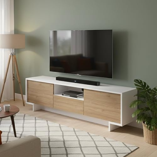Dmora - Meuble TV Andromeda, Meuble TV pour salon, Buffet bas de salon avec 2 portes et 1 tiroir, 100% Made in Italy, 170x42h48 cm, Blanc et Chêne