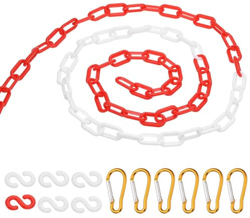 PATIKIL 20Ft Plastic Chain Barrier, Safety Link Chain with 6 S-Hooks and 6 Clips for Crowd Control at Driveway Elevator Parking Lot, Red White