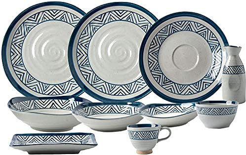 Juegos de Vajilla - Juego de Servicio de Platos de Regalo de Lujo, Juego Combinado de Cena de Cerámica de 28 Piezas Líneas Azules y Blancas Pintadas a Mano Juegos de Tazones de Cereales y Platos de C