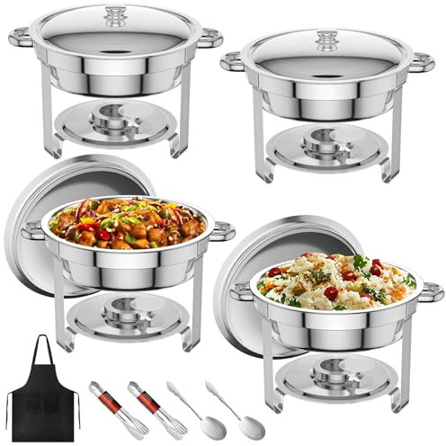 MEEZY 4 Stück Chafing Dish für Buffet, 5QT runde Edelstahl-Buffetchafers, Speisenwärmer mit Lebensmittelpfanne, Wasserpfanne, Deckel, Brennstoffhalter, Löffel, Zange, Catring Supplies für Urlaub,