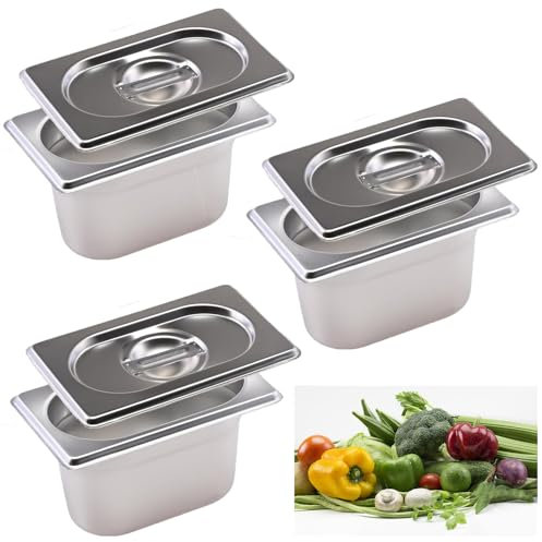 ORFCP 3PCS Stainless Steel Gastronorm Pan 1/9 with Lid, Stainless Steel Food Containers Pan, 100mm Deep, 175mm x 110mm x 100mm