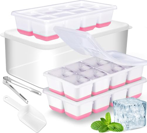 Stampo Grande per Ghiaccio con Contenitore, JRISBO 3 Pezzi Stampi per Cubetti Ghiaccio in Silicone Alimentare senza BPA, 4,5 cm Forma Grandi Vaschette Ghiaccio per Whisky Cocktail (Rosa)