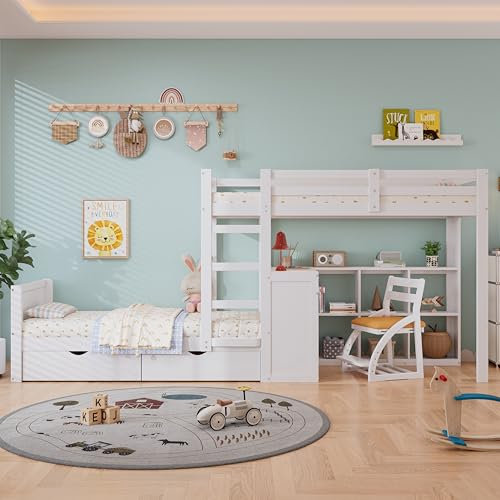 Merax Etagenbett 90x200 cm mit dreistufiger Leiter, Schreibtisch, Offenem Regal, Zwei Schubladen und Sicherheitszaun, Kiefer und MDF, Weiß, Kinderbett ohne Matratze
