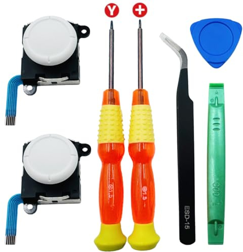 BlueMW 7 en 1 Kit de Réparation pour Switch Joy-Con, Analogiques 3D de Remplacement pour Joycon avec Tournevis Kit d'outils de Reparation pour NS Switch OLED/Switch/Switch Lite (Blanc)