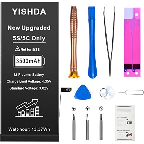 YISHDA Batterie de rechange pour iPhone 5S et 5C, 3500 mAh haute capacité pour 5S et 5C, avec outil de réparation complet et manuel (français non garanti)